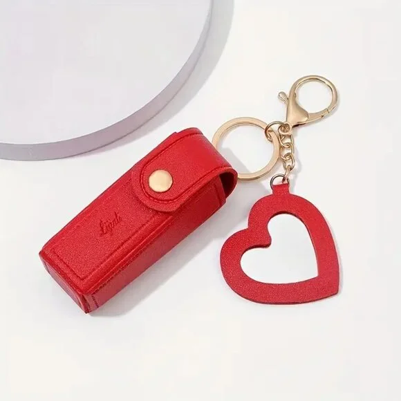 ๐ Red Mini Lipstick Holder Keychain w/ Heart Mirror ๐ Portable & Stylish! - Picture 1 of 5